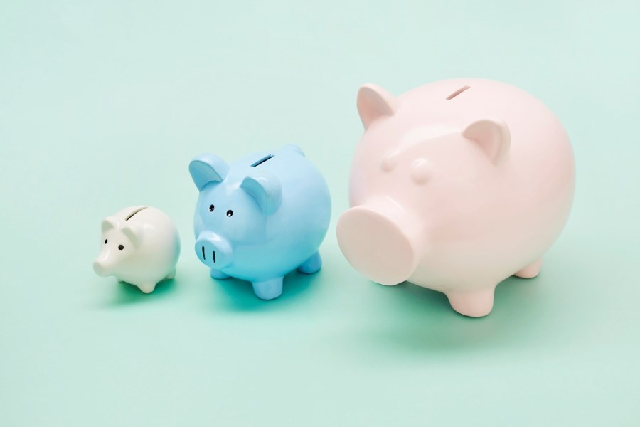 Three piggy banks of varying size and colours