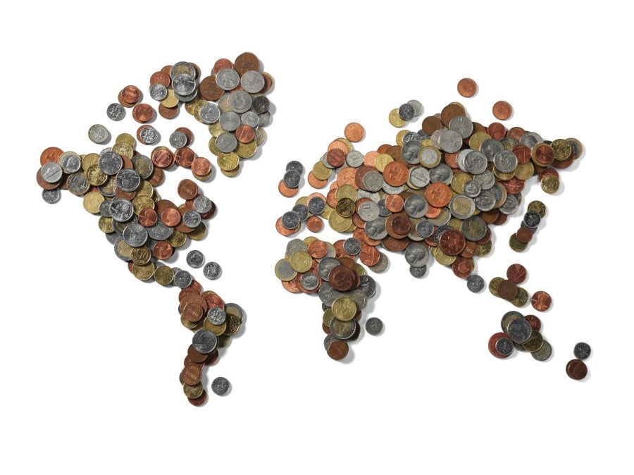 A world map represented by coins