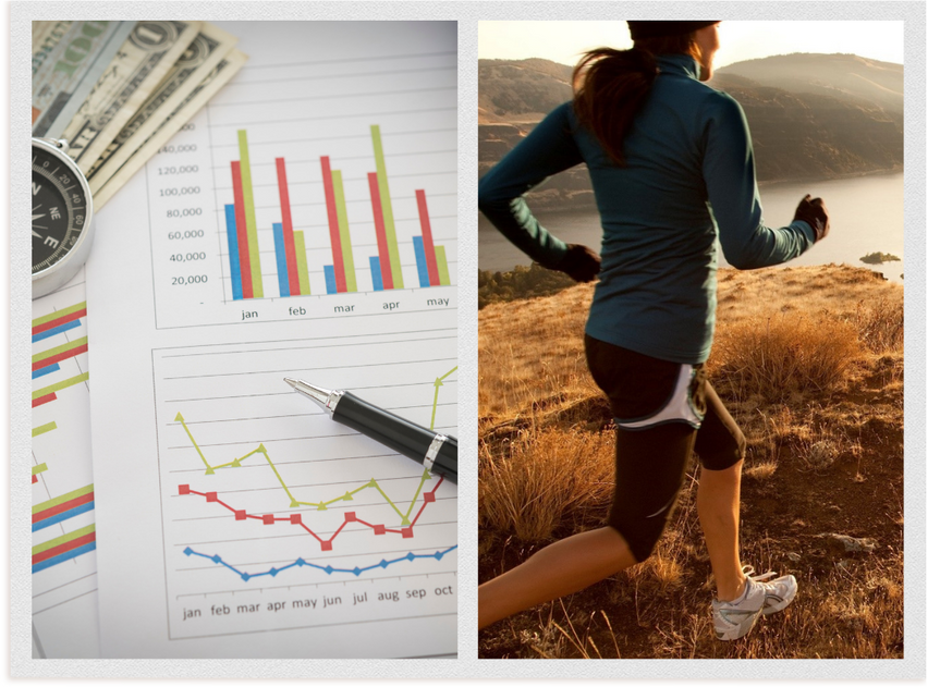 On the left, financial planning tools, on the right, a women long-distance running.
